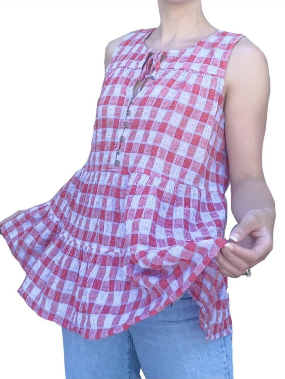 Pilcro By Anthropologie NWT "Neve" Tiered Gingham Plaid Tank Pink / Blue XS
